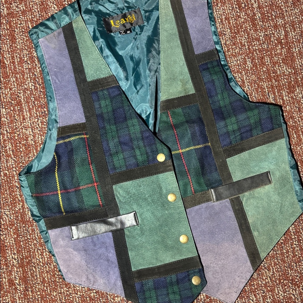 Learsi vintage green navy plaid leather Patchwork fitted eclectic grandpa vest M